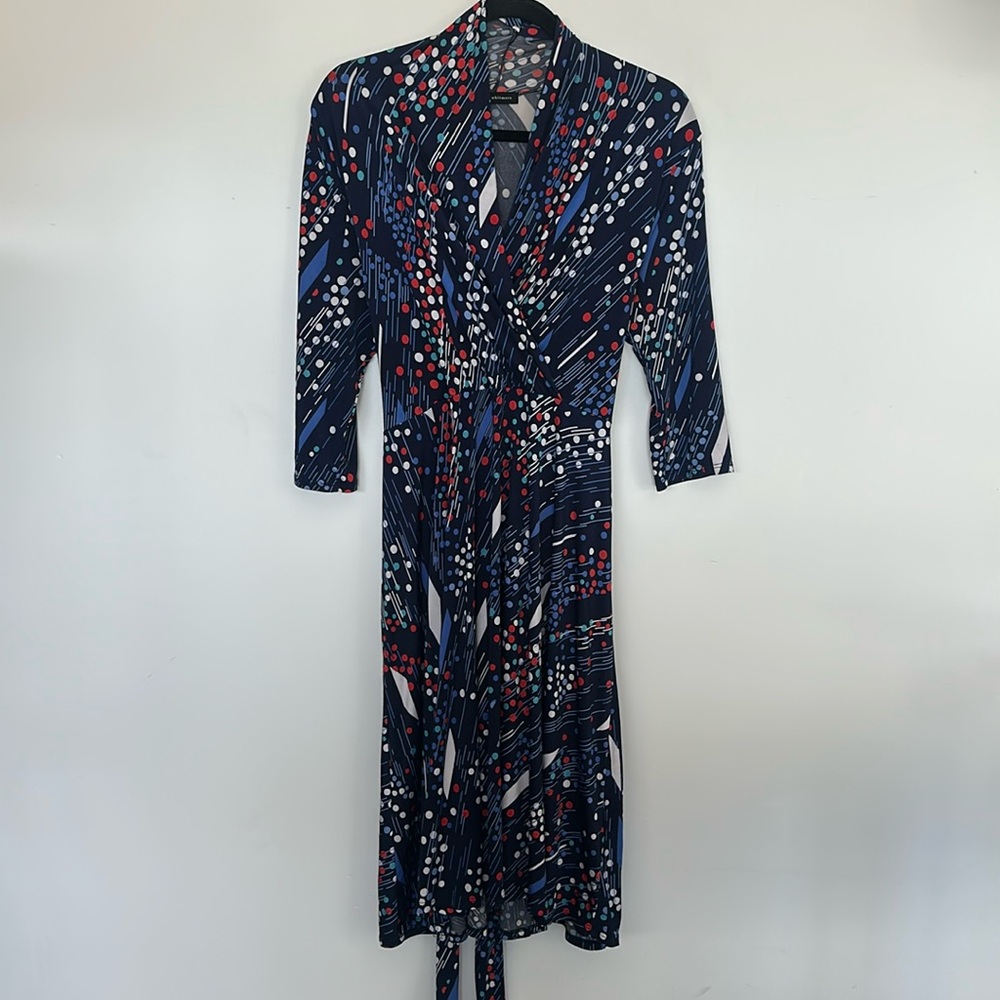 Audrey Whitmore Blue and White Wrap Midi Dress with V-Neck L/XL